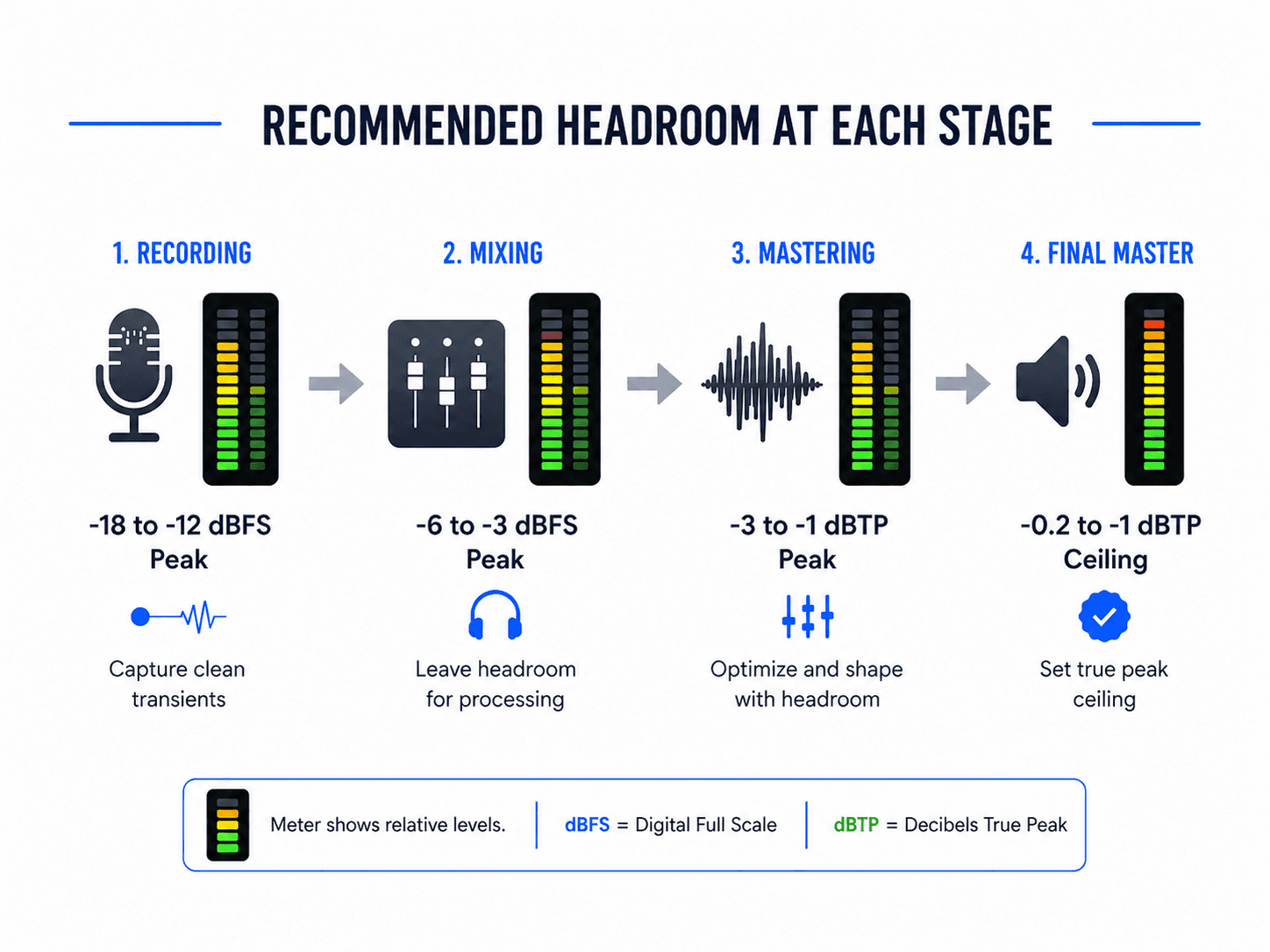 Recommended headroom for each production stage. Recording, mixing, mastering and final.