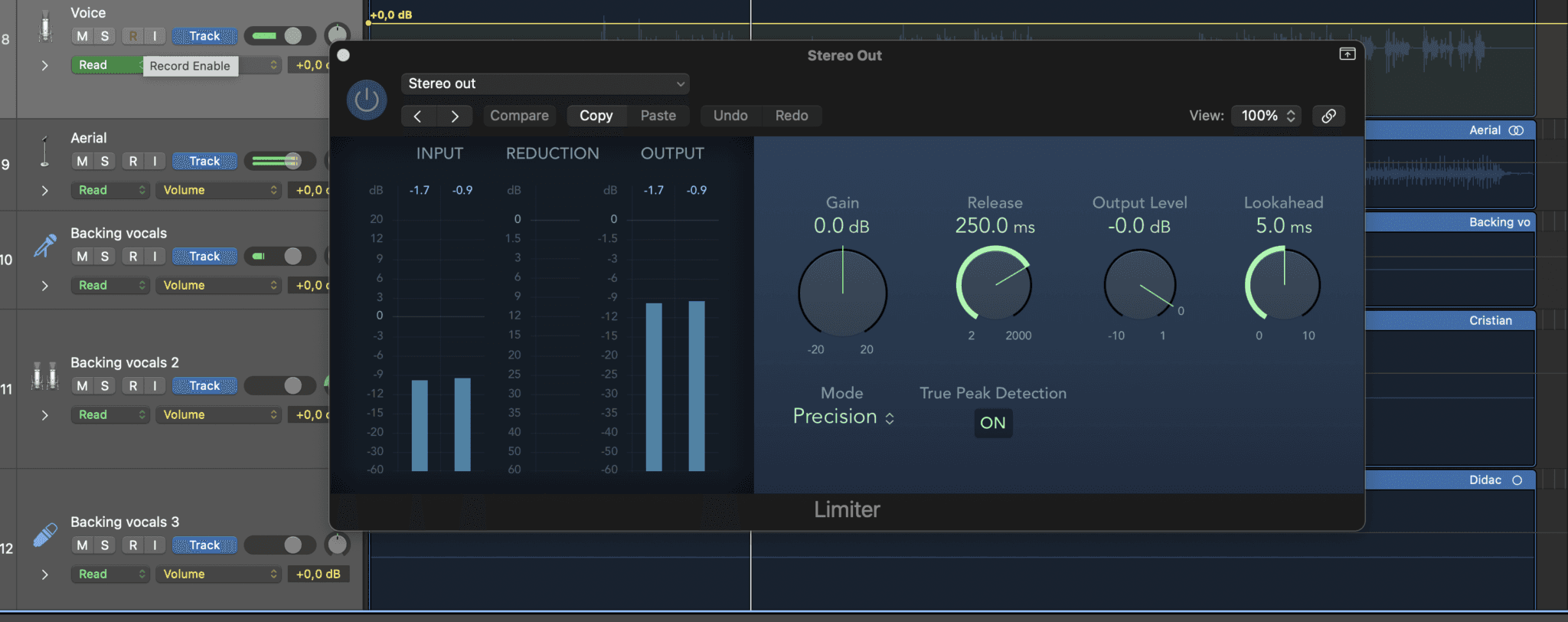 Audio production software interface showing various tracks and settings.