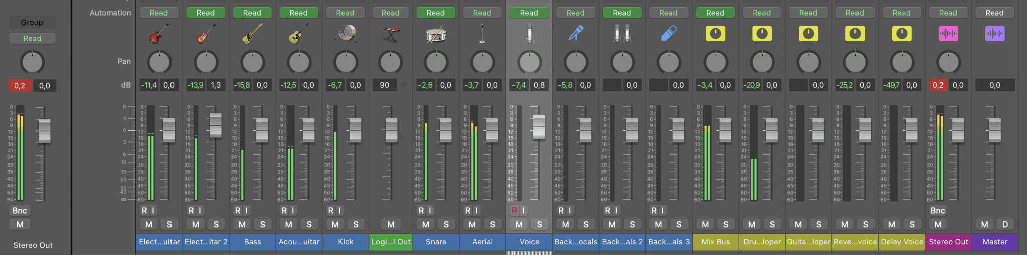 Screenshot of audio mixing software interface with visible channel strips and settings for instruments, vocals, and effects.