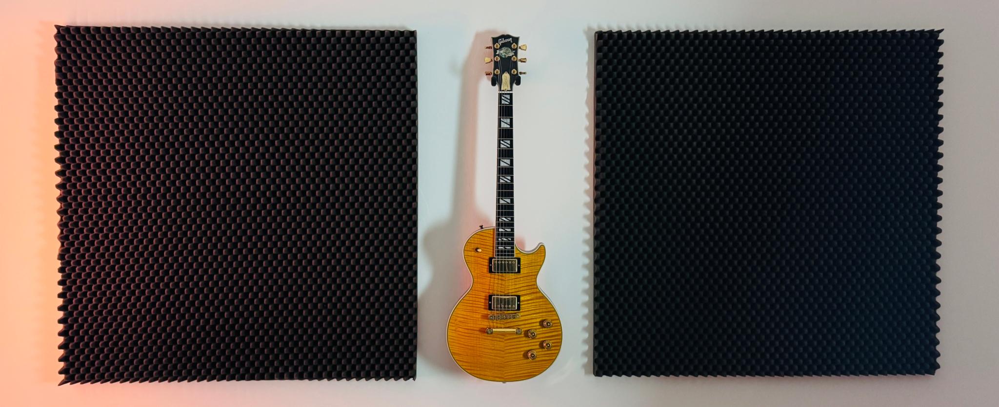 A beautifully crafted Gibson Les Paul guitar mounted between two soundproofing panels.