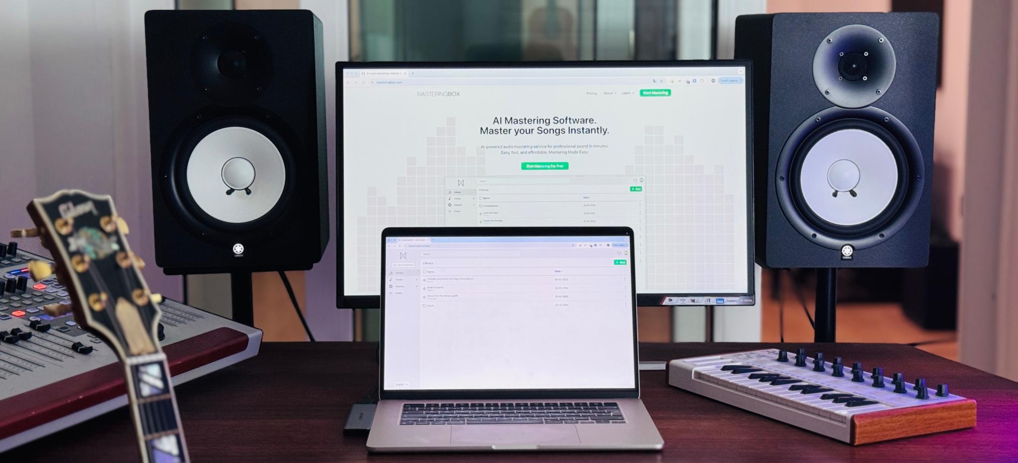 Home studio setup with audio equipment including monitors and a laptop.