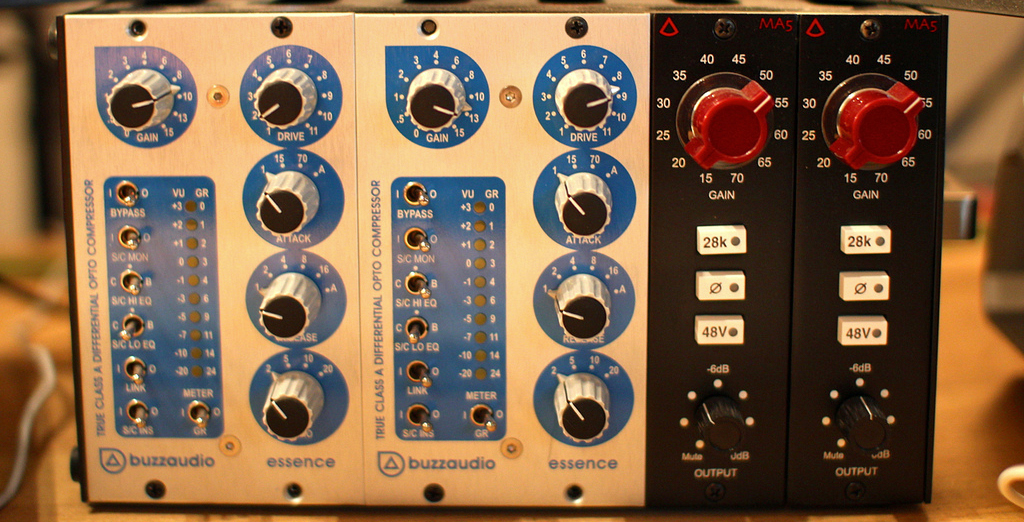 A pair of buzzaudio opto compressors in a lunchbox for parallel compression routing