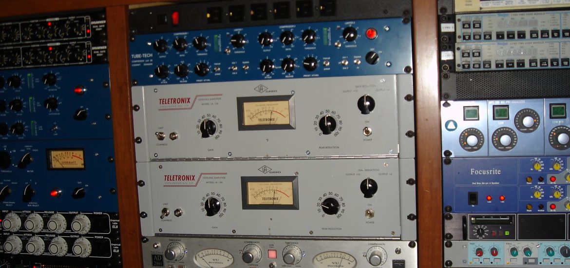 An outboard rack with a variety of compressors used for mix bus compression