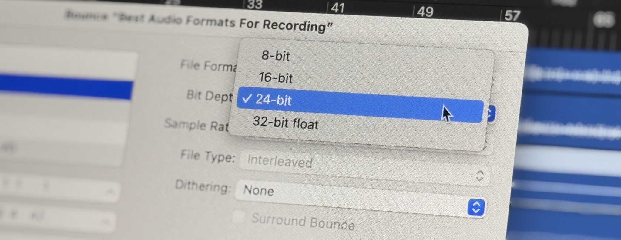 Audio recording settings including bit depth and sample rate.