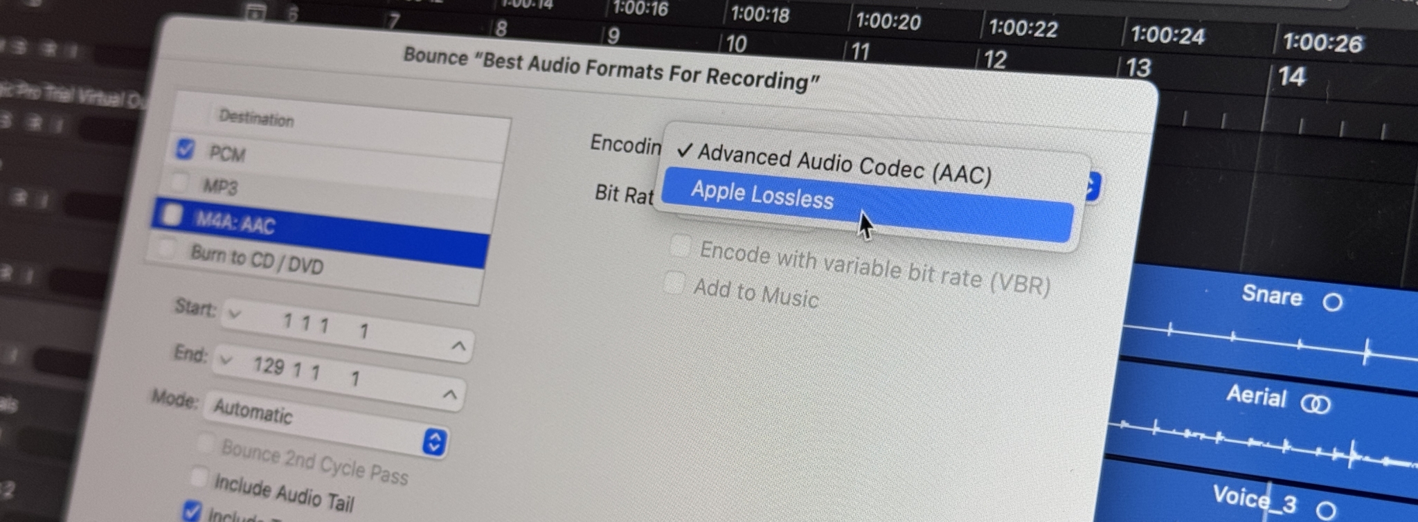 Audio production software settings display