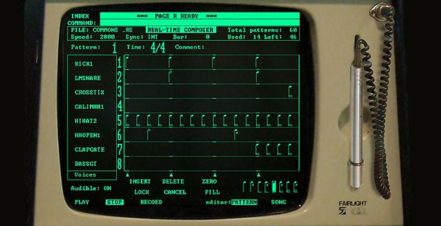 A vintage screen displaying a real-time music composition tool with various drum patterns and settings.