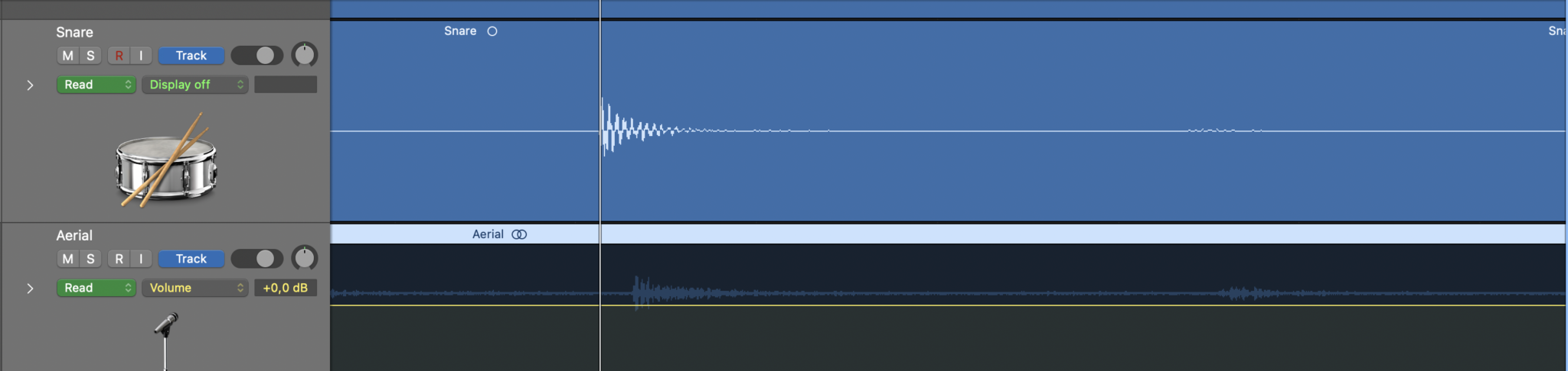 Audio production software interface showcasing snare and aerial tracks with visible settings.