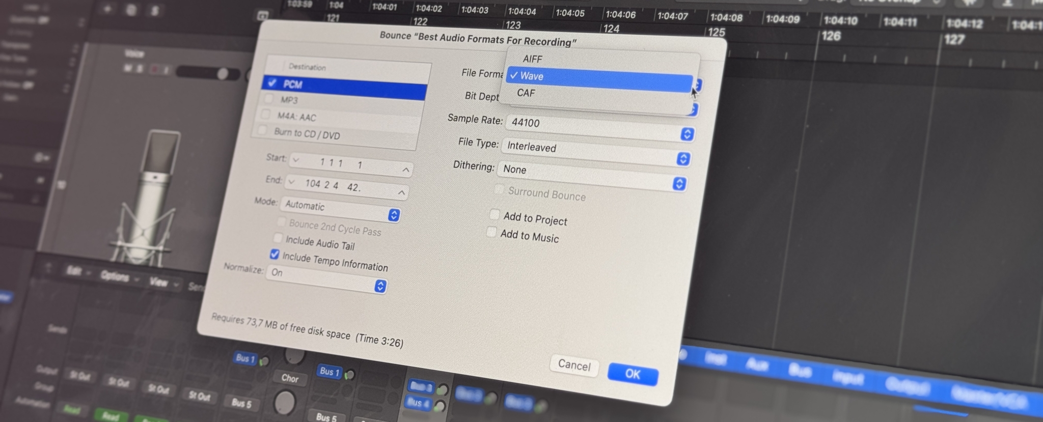Audio mixing software interface with settings for recording in various formats.