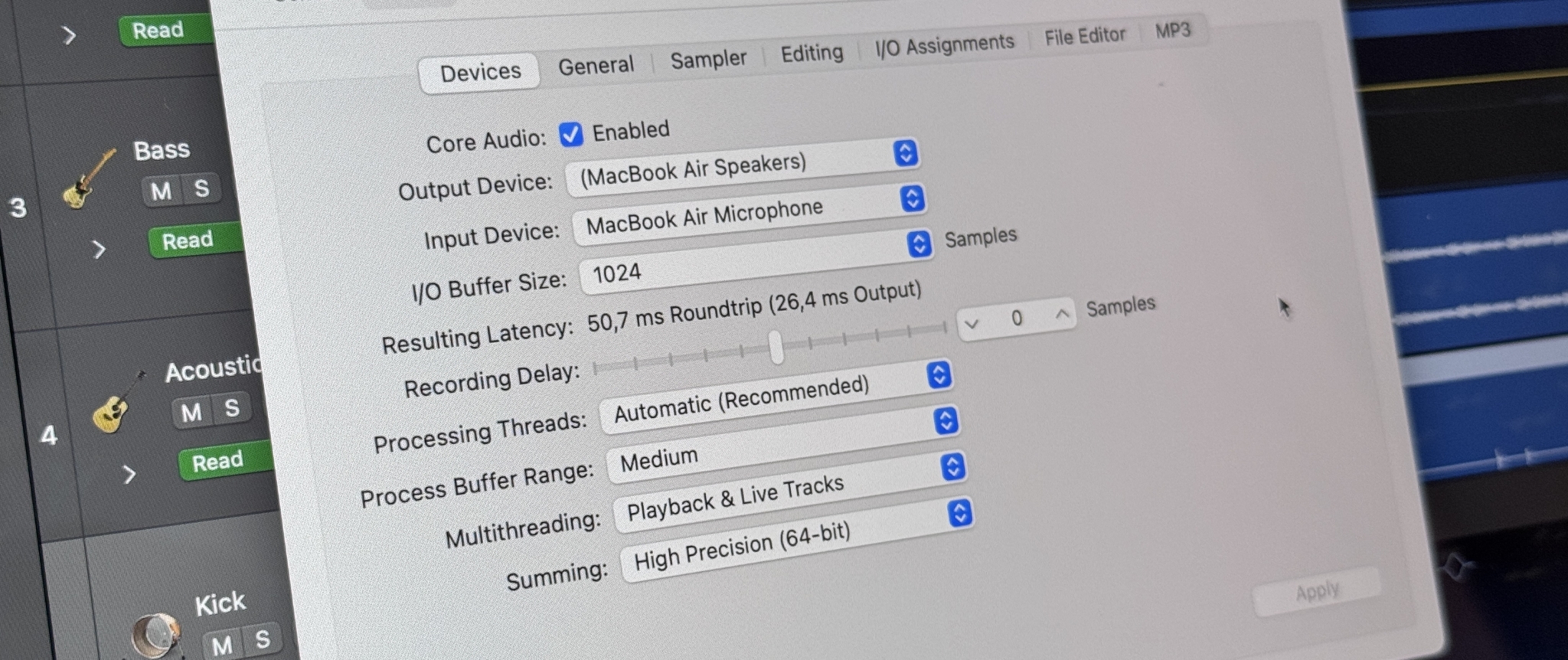 Audio settings menu in music production software