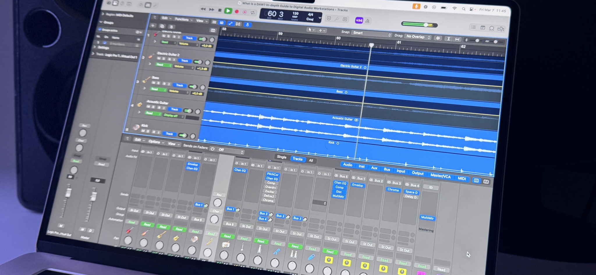 Logic Pro audio production software interface showcasing various tracks and effects settings.