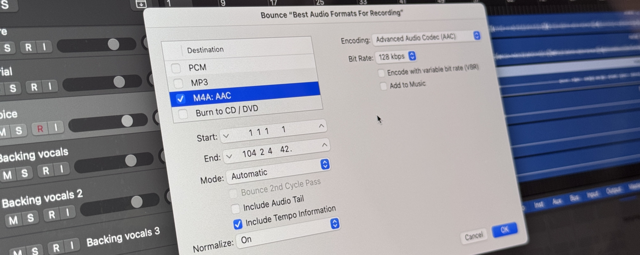 Audio software settings for bouncing tracks