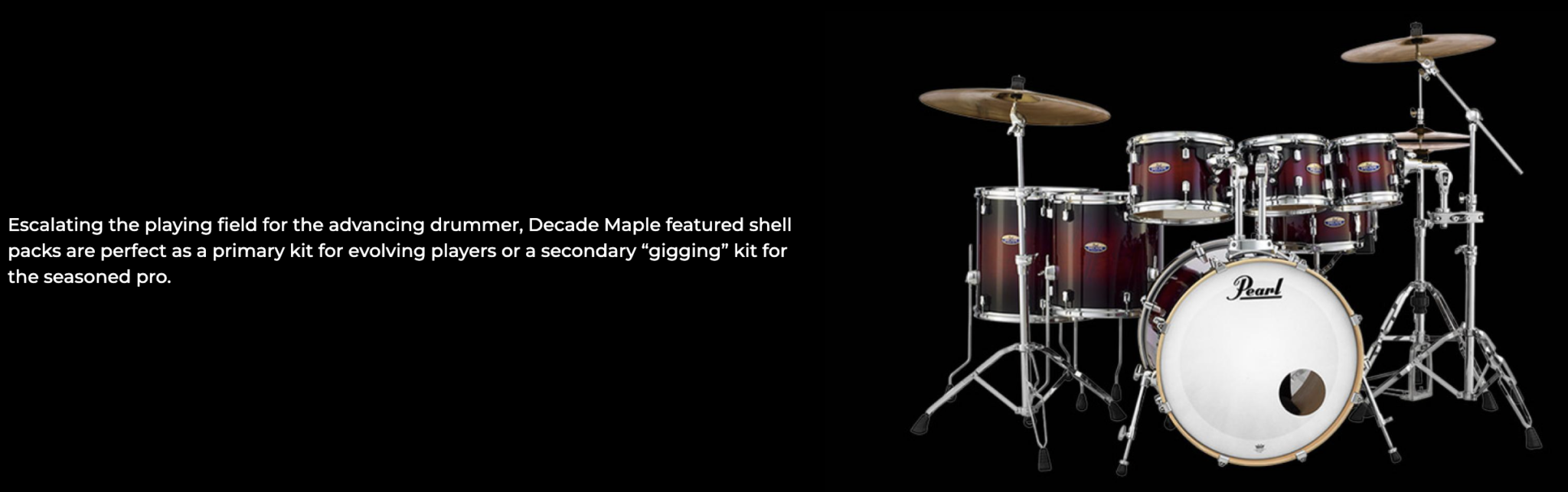 Pearl Decade Maple acoustic drum kit in a studio setting.