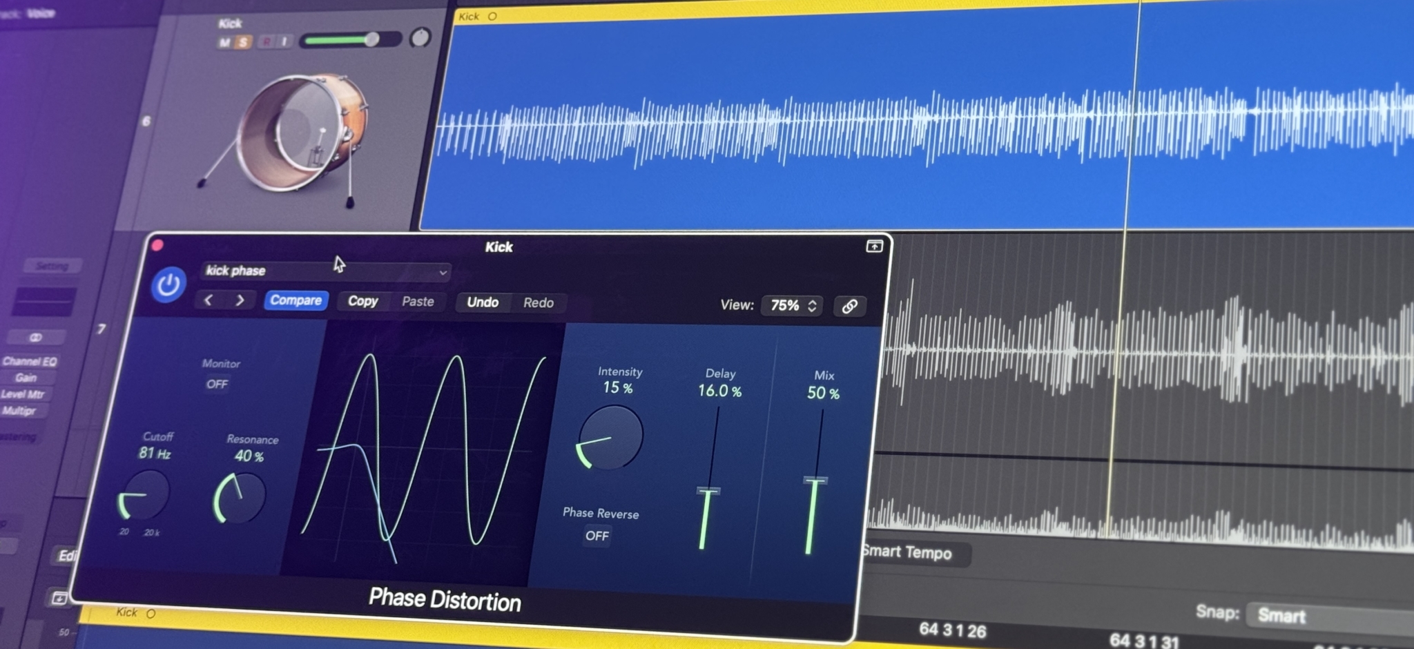 Image of audio production software interface featuring a kick drum plugin with settings.