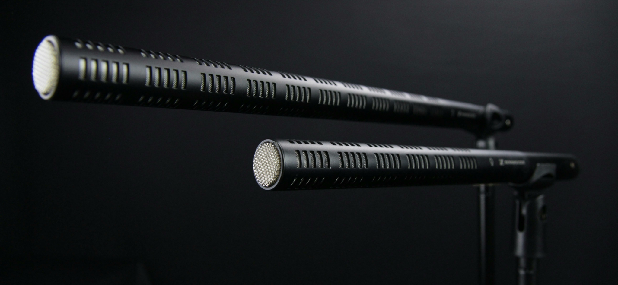 Two professional microphones on a stand against a dark background