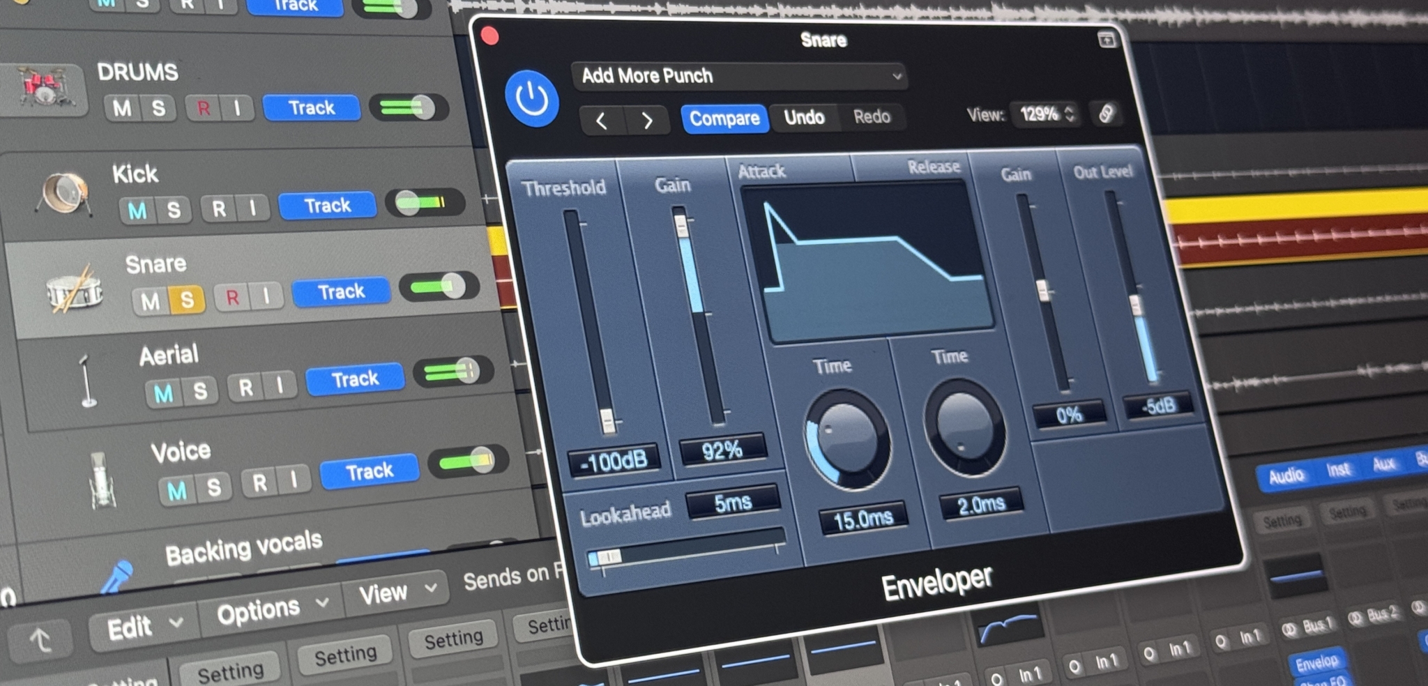 Processing Enveloper Plugin on Snare for frequency masking