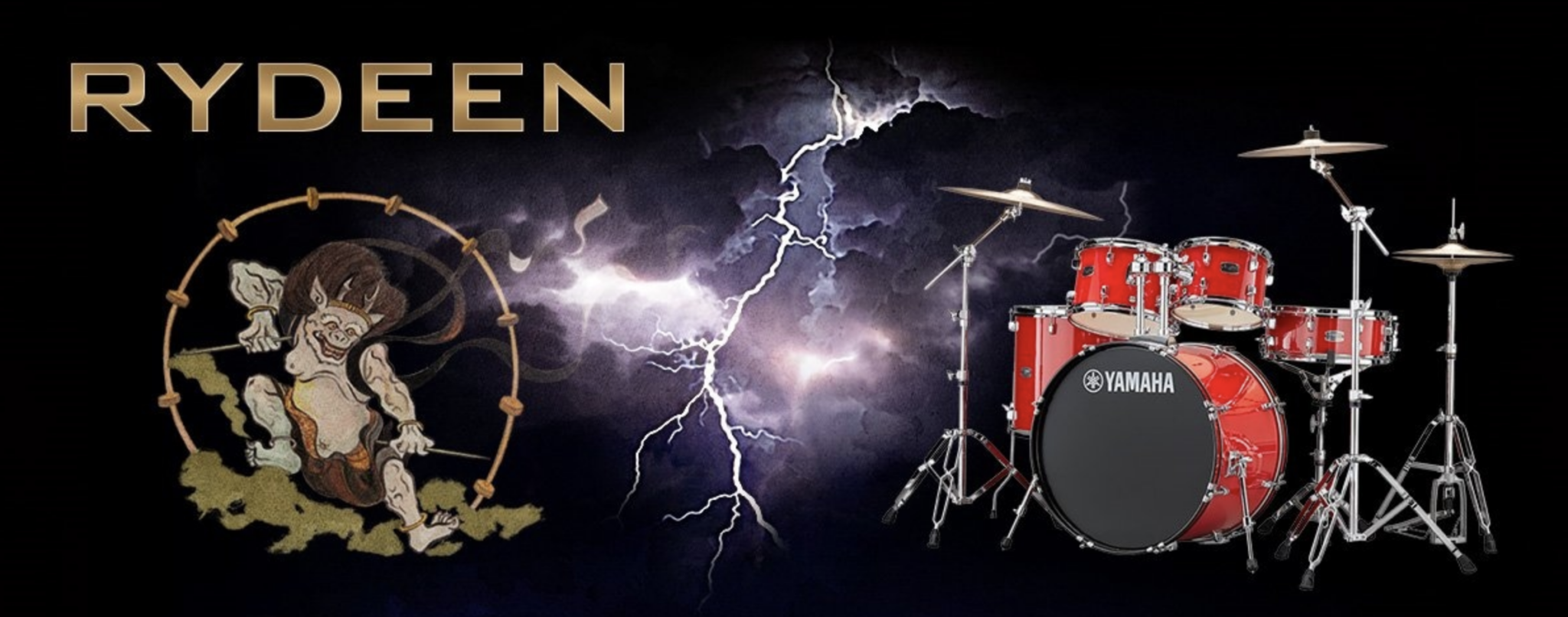 A vibrant image featuring a Yamaha acoustic drum kit alongside an artistic depiction of a character, set against a dramatic background.