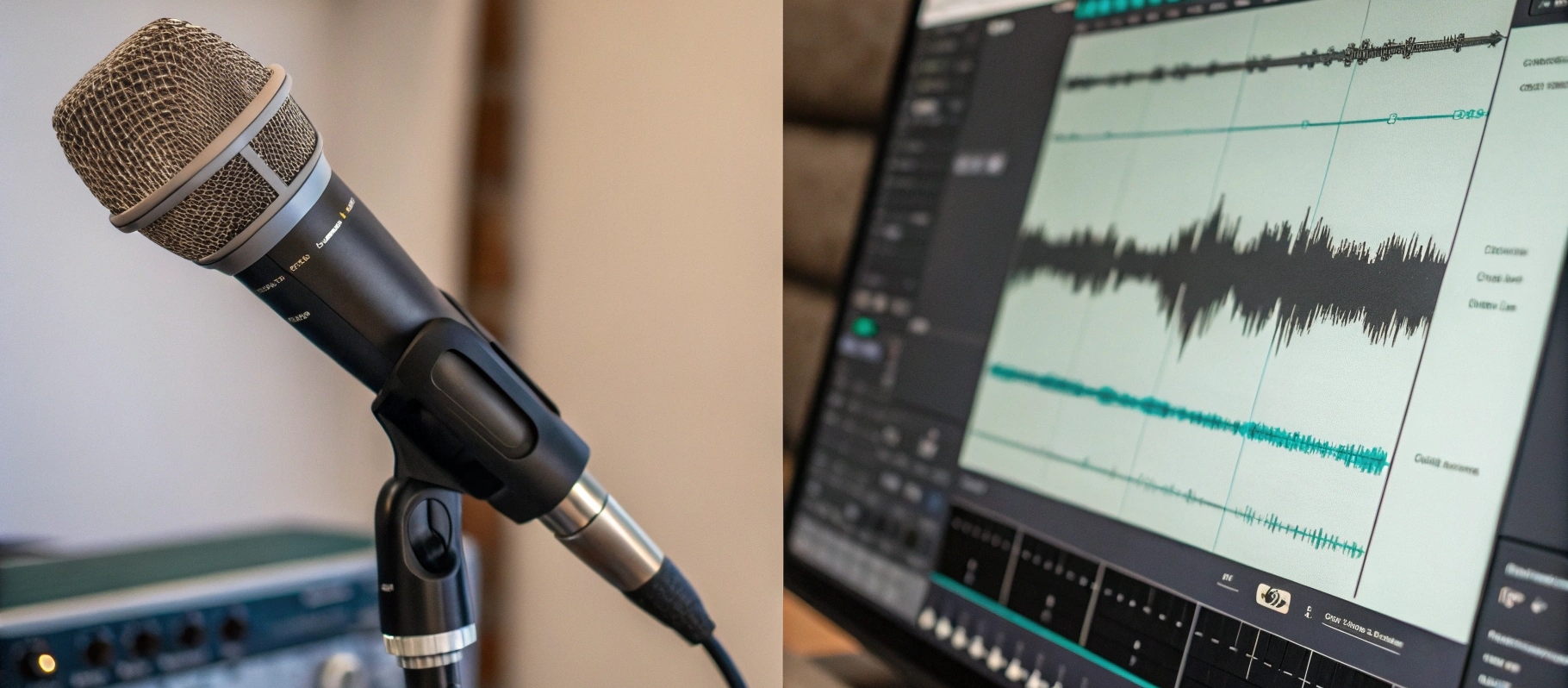 A close-up view of a high-quality microphone alongside a digital audio workstation interface displaying sound waveforms.