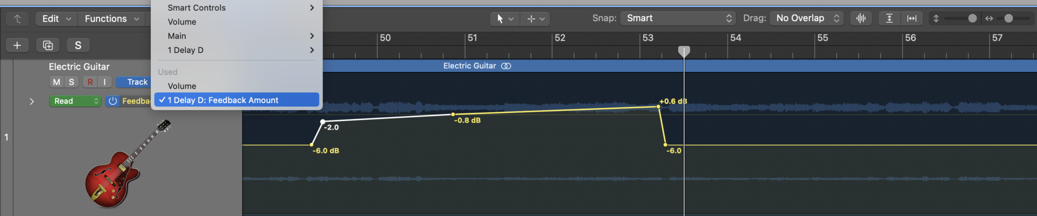 Screenshot of Logic Pro interface displaying electric guitar stereo balance settings