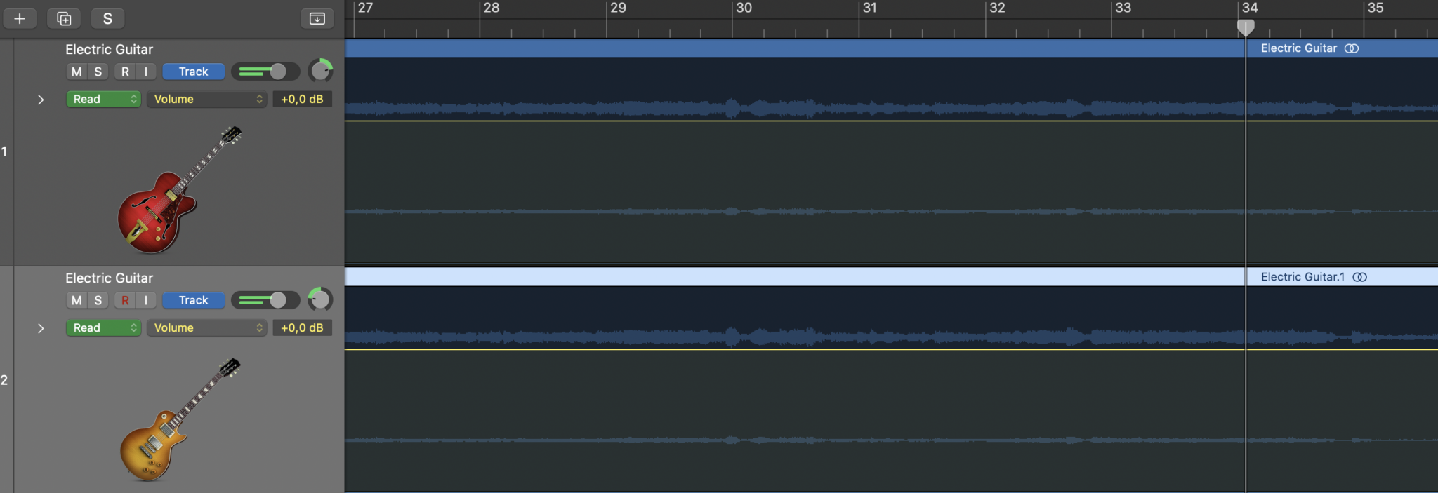 Interface of Logic Pro showing electric guitar tracks with volume settings and waveforms.