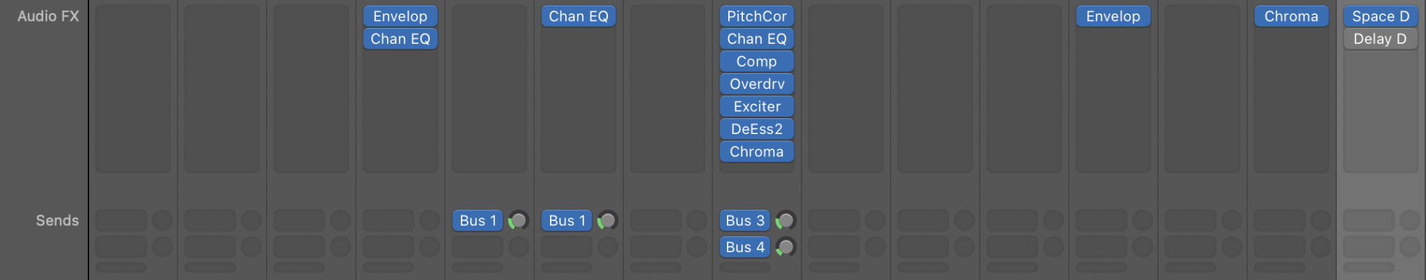 Screenshot of Logic Pro interface showing various effects plugins.