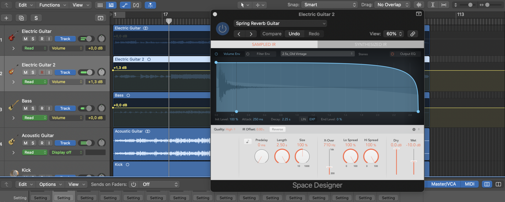 Logic Pro interface showcasing audio track settings and Space Designer reverb plugin.