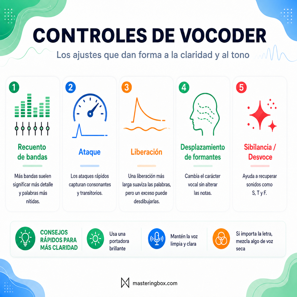 Infografía de controles de vocoder con número de bandas, ataque, release, desplazamiento de formantes y ajustes de sibilancia