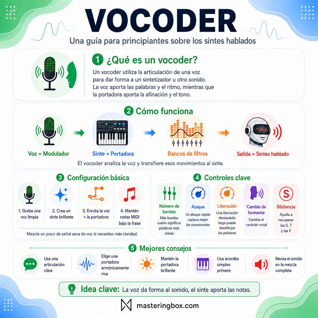 Infografía sobre vocoder con voz moduladora, portadora de sintetizador y ajustes principales