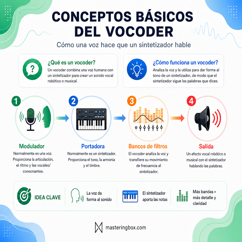 Infografía sobre los fundamentos del vocoder con micrófono, teclado de sinte, bancos de filtros y salida